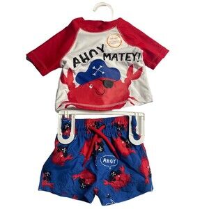 Cute Carters Boys 3M Swim Trunk Matching Shirt‎ 2 Piece Ahoy Matey Pirate Crab